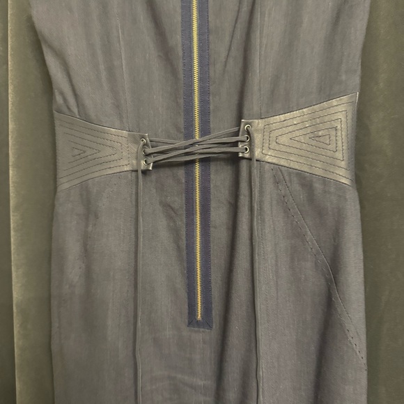 Rebecca Taylor Navy Linen Blend Dress with Lamb Leather Sides & Corset Back 10 - Picture 9 of 9